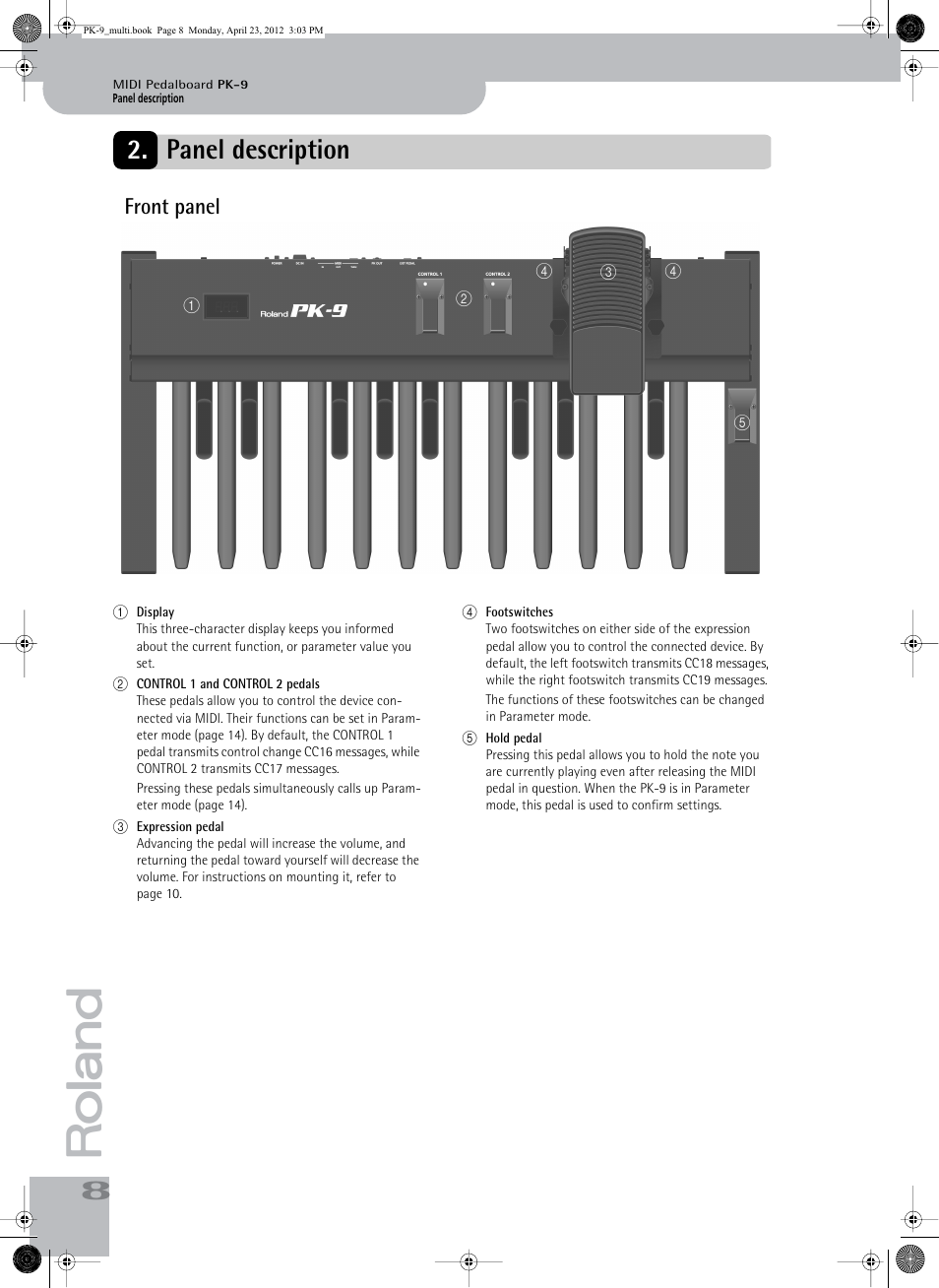 Panel description, Front panel | Roland Bass Pedals PK-9 User Manual | Page 8 / 116