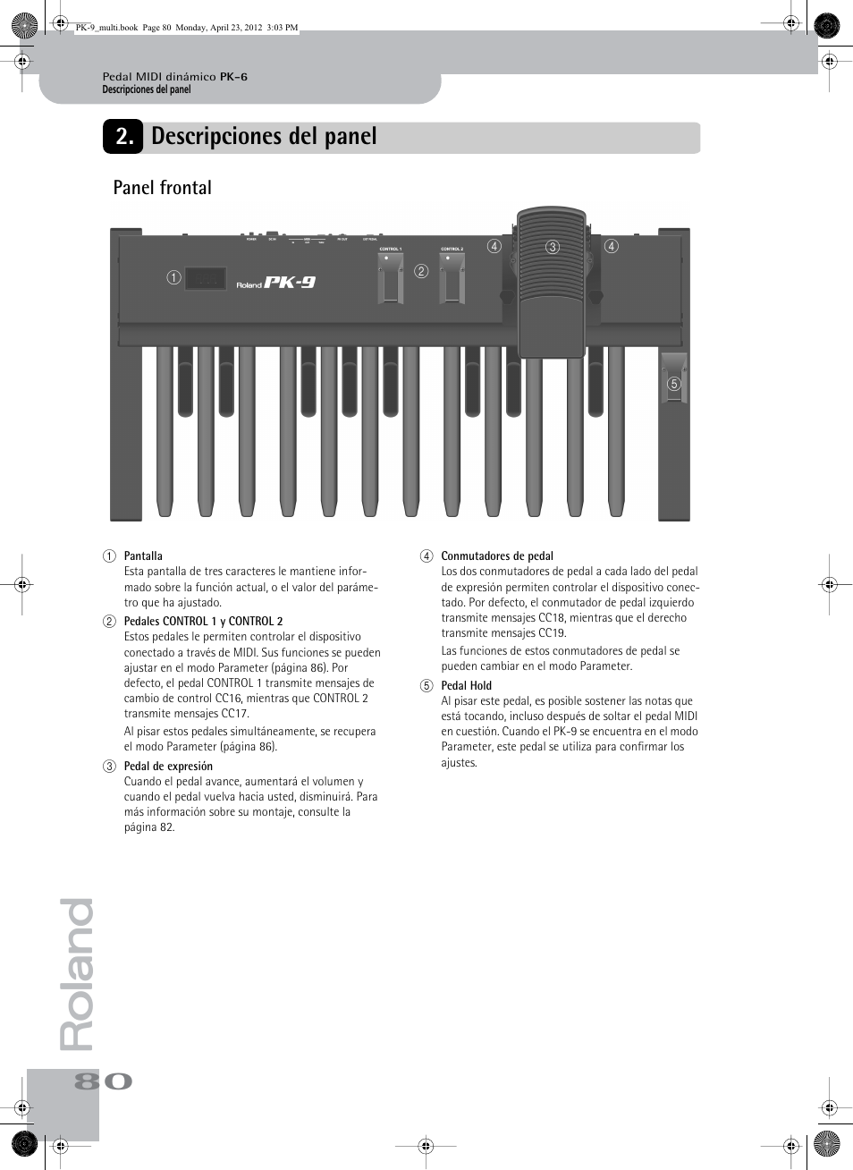 Descripciones del panel, Panel frontal | Roland Bass Pedals PK-9 User Manual | Page 80 / 116