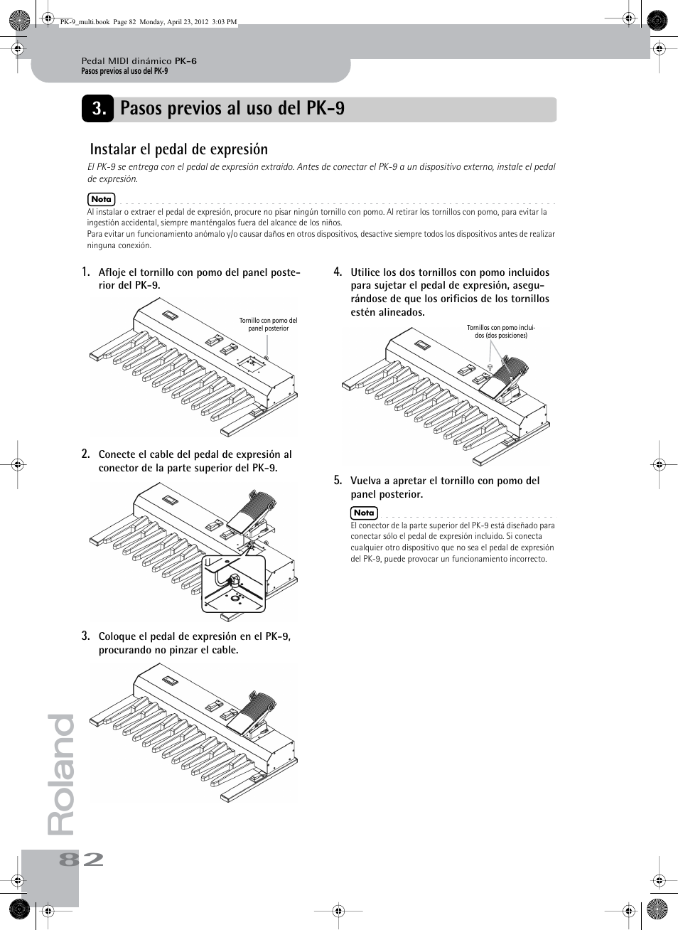 Pasos previos al uso del pk-9, Instalar el pedal de expresión | Roland Bass Pedals PK-9 User Manual | Page 82 / 116