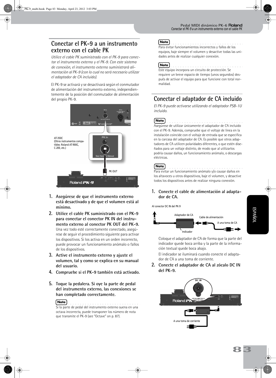 Conectar el adaptador de ca incluido | Roland Bass Pedals PK-9 User Manual | Page 83 / 116