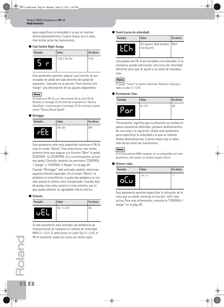 S r ret vel, Tch por ocv | Roland Bass Pedals PK-9 User Manual | Page 88 / 116