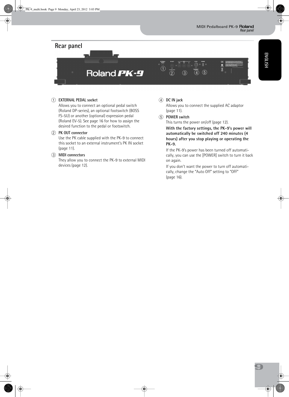 Rear panel | Roland Bass Pedals PK-9 User Manual | Page 9 / 116