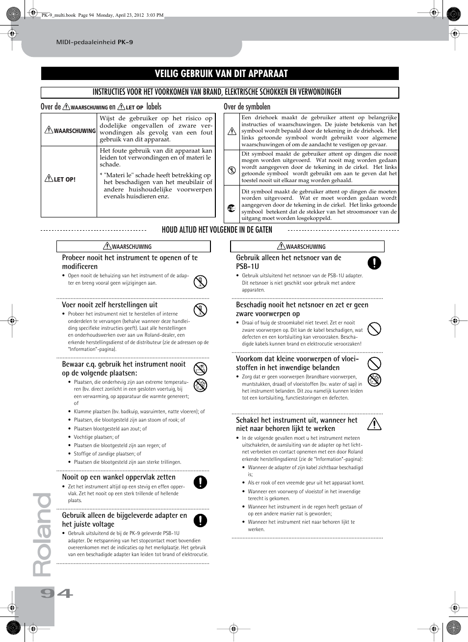 Veilig gebruik van dit apparaat | Roland Bass Pedals PK-9 User Manual | Page 94 / 116