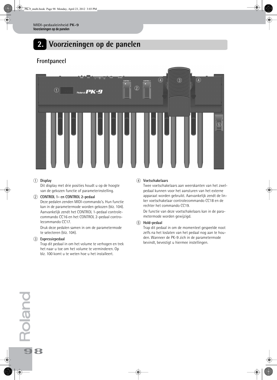 Voorzieningen op de panelen, Frontpaneel | Roland Bass Pedals PK-9 User Manual | Page 98 / 116