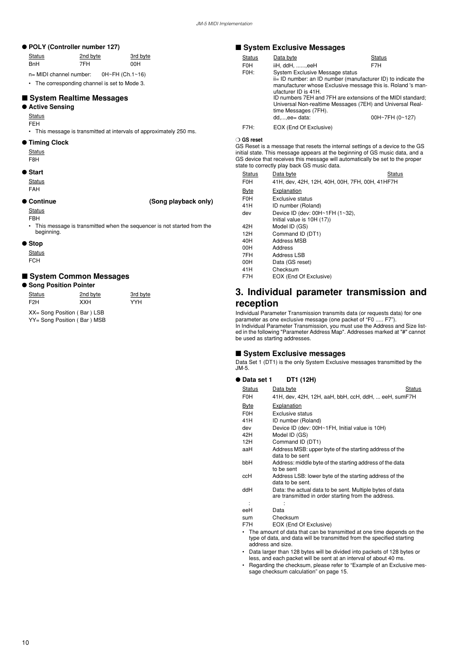 Poly (controller number 127), System realtime messages, Active sensing | Timing clock, Start, Continue (song playback only), Stop, System common messages, Song position pointer, System exclusive messages | Roland VIMA JM-5 User Manual | Page 10 / 20