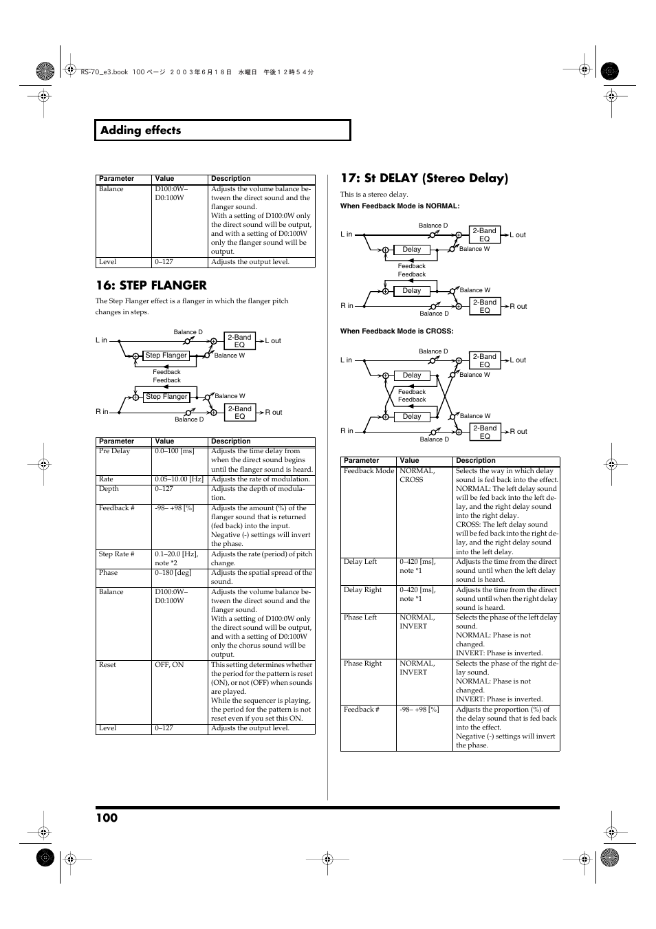 Step flanger, St delay (stereo delay), 100 adding effects | Roland RS-70 User Manual | Page 100 / 196