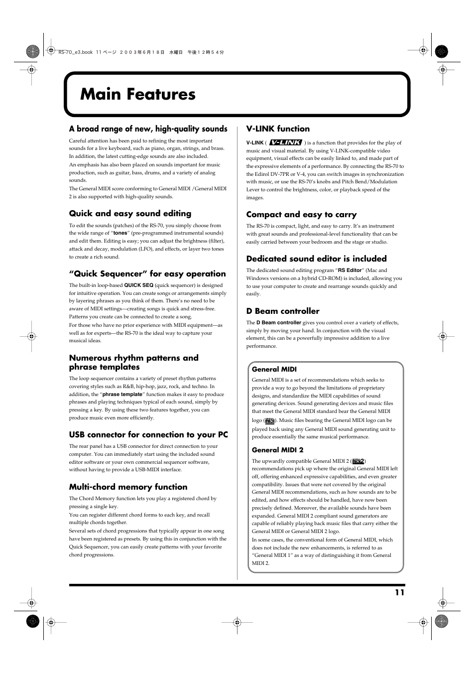 Main features | Roland RS-70 User Manual | Page 11 / 196