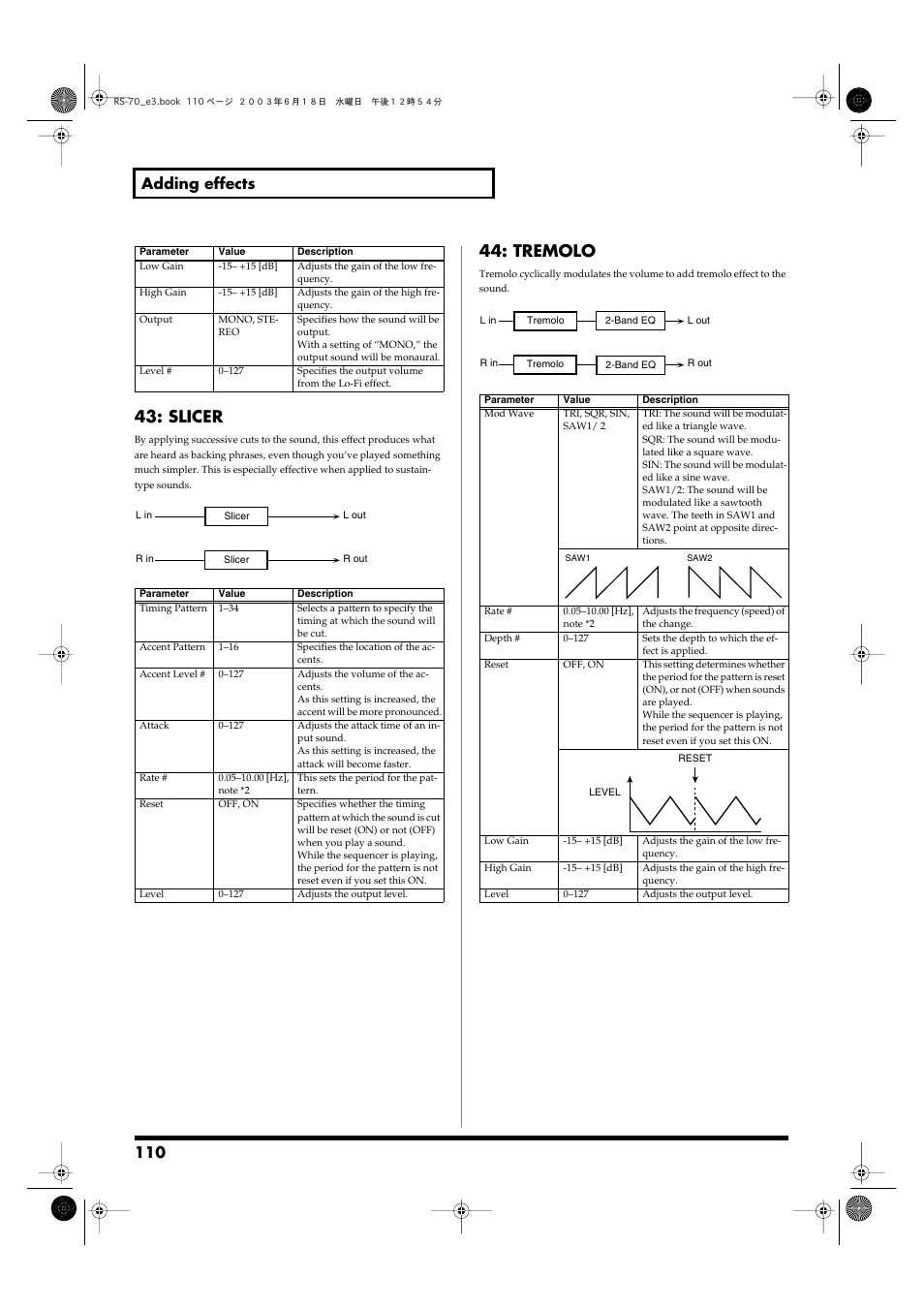 Slicer, Tremolo, 110 adding effects | Roland RS-70 User Manual | Page 110 / 196