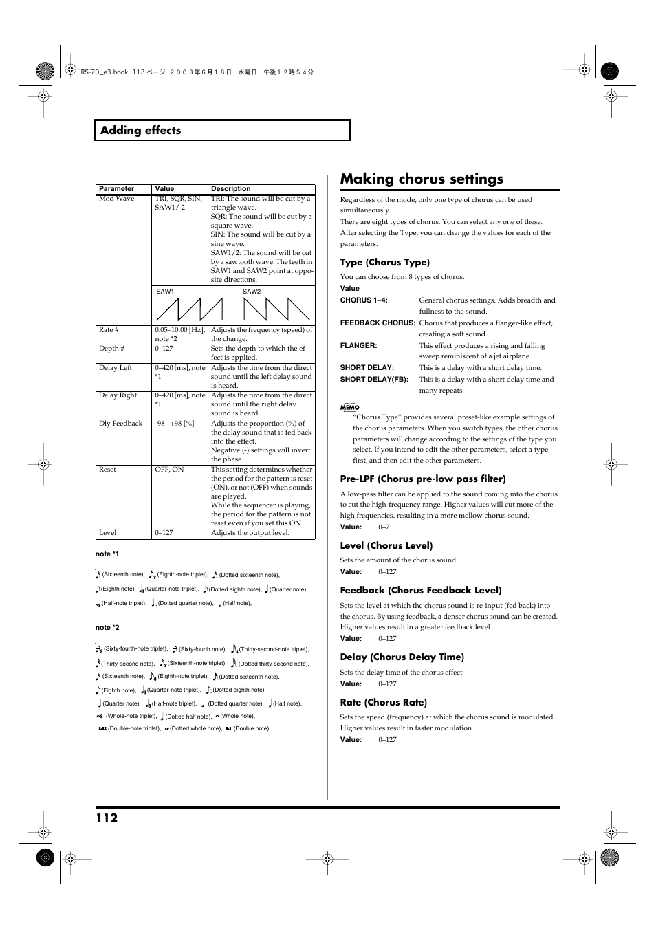 Making chorus settings, 112 adding effects | Roland RS-70 User Manual | Page 112 / 196