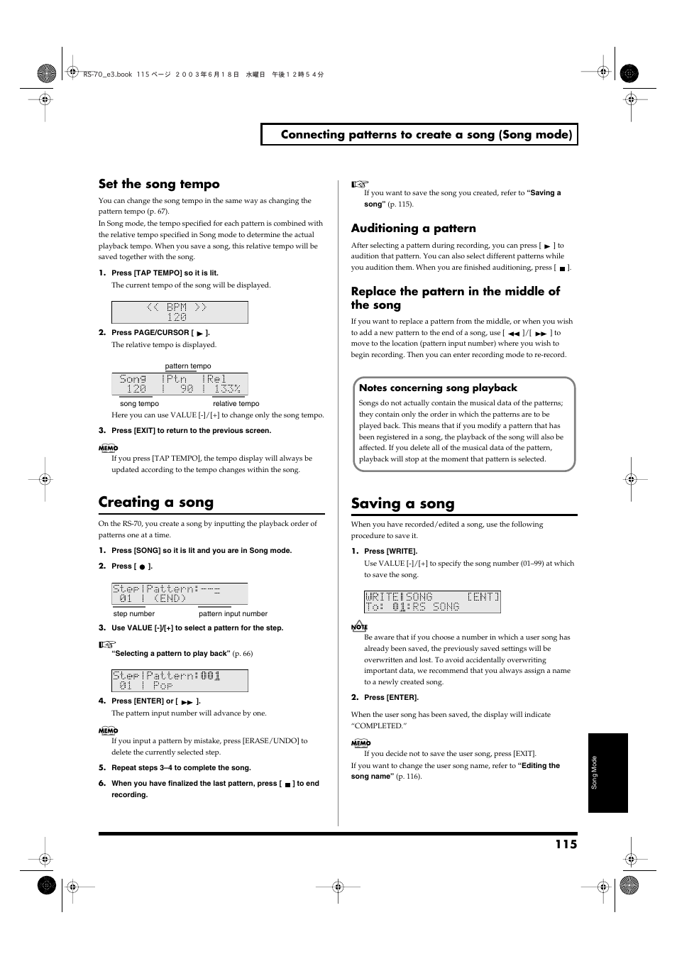 Creating a song, Saving a song, Set the song tempo | Auditioning a pattern, Replace the pattern in the middle of the song | Roland RS-70 User Manual | Page 115 / 196