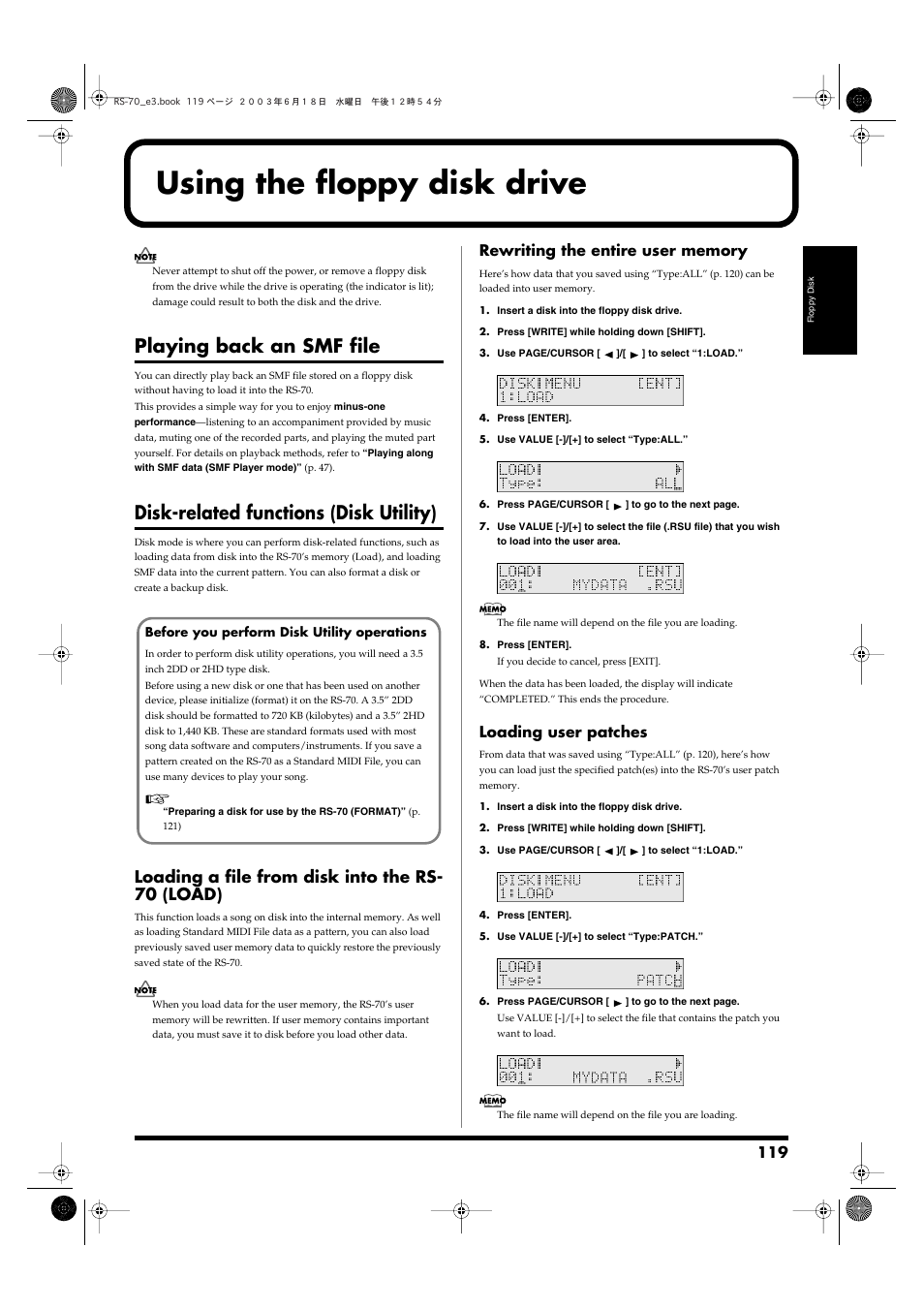 Using the floppy disk drive, Playing back an smf file, Disk-related functions (disk utility) | Loading a file from disk into the rs- 70 (load), Loading user patches | Roland RS-70 User Manual | Page 119 / 196