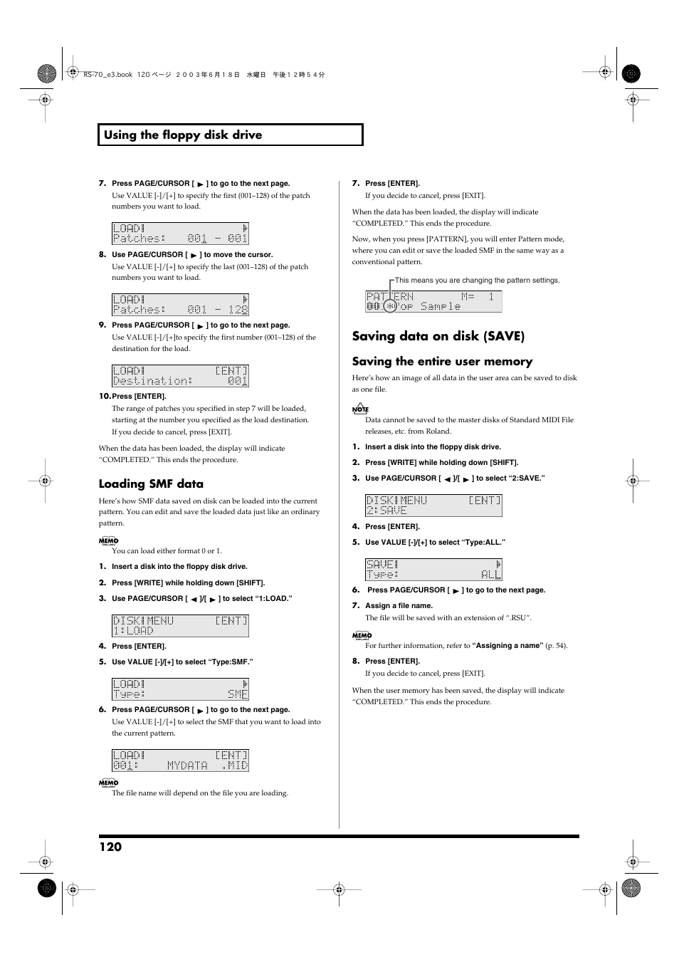 Saving data on disk (save), 120 using the floppy disk drive, Loading smf data | Roland RS-70 User Manual | Page 120 / 196