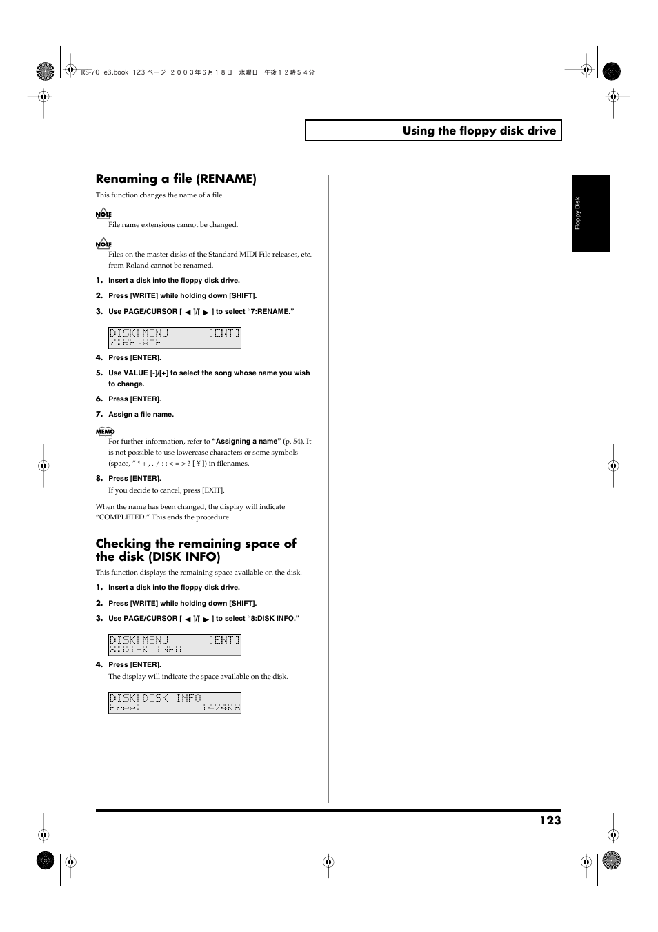 Renaming a file (rename), 123 using the floppy disk drive | Roland RS-70 User Manual | Page 123 / 196