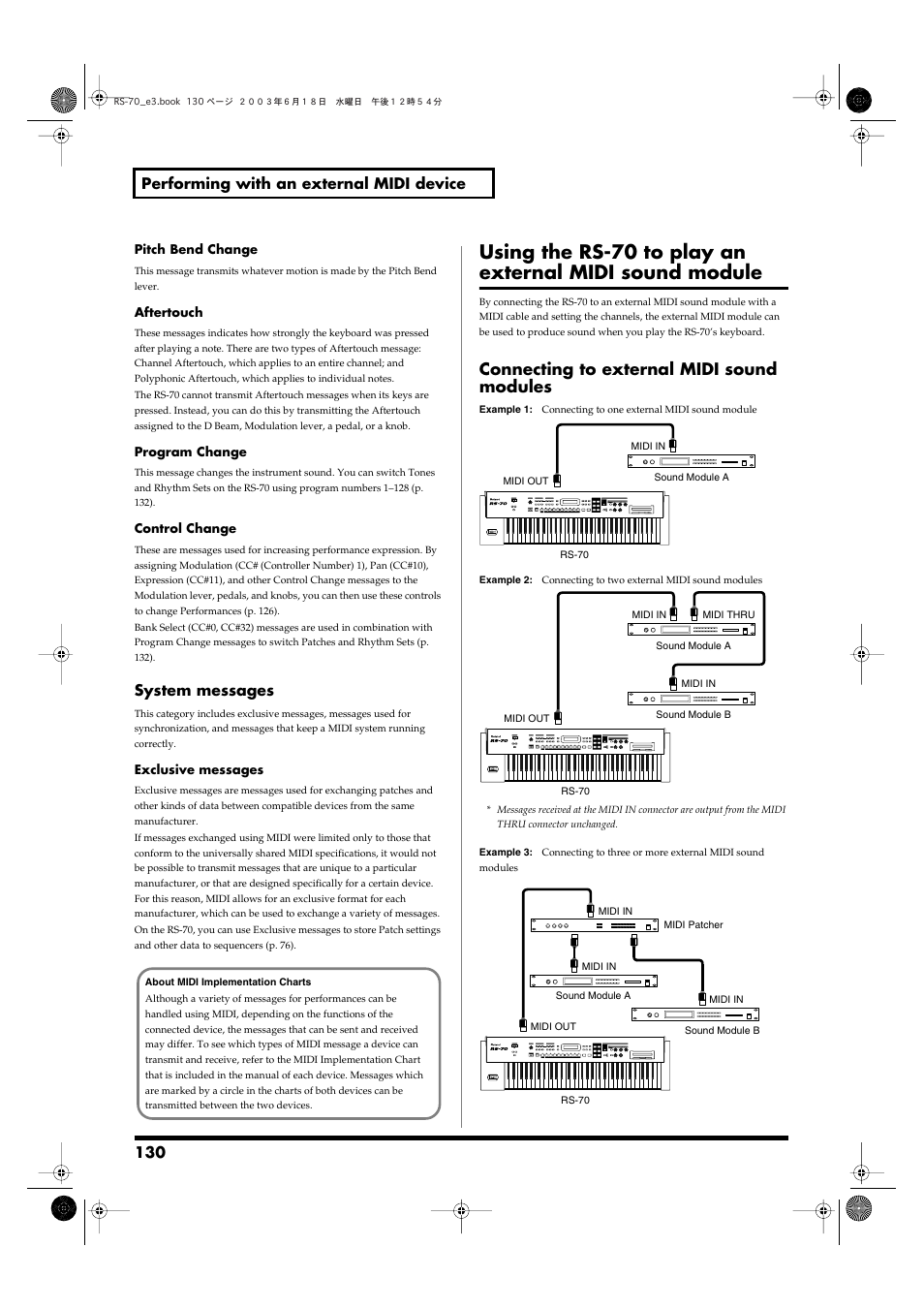 Connecting to external midi sound modules, 130 performing with an external midi device, System messages | Roland RS-70 User Manual | Page 130 / 196