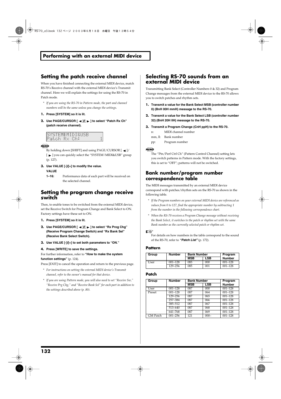 Setting the patch receive channel, Setting the program change receive switch, 132 performing with an external midi device | Bank number/program number correspondence table | Roland RS-70 User Manual | Page 132 / 196