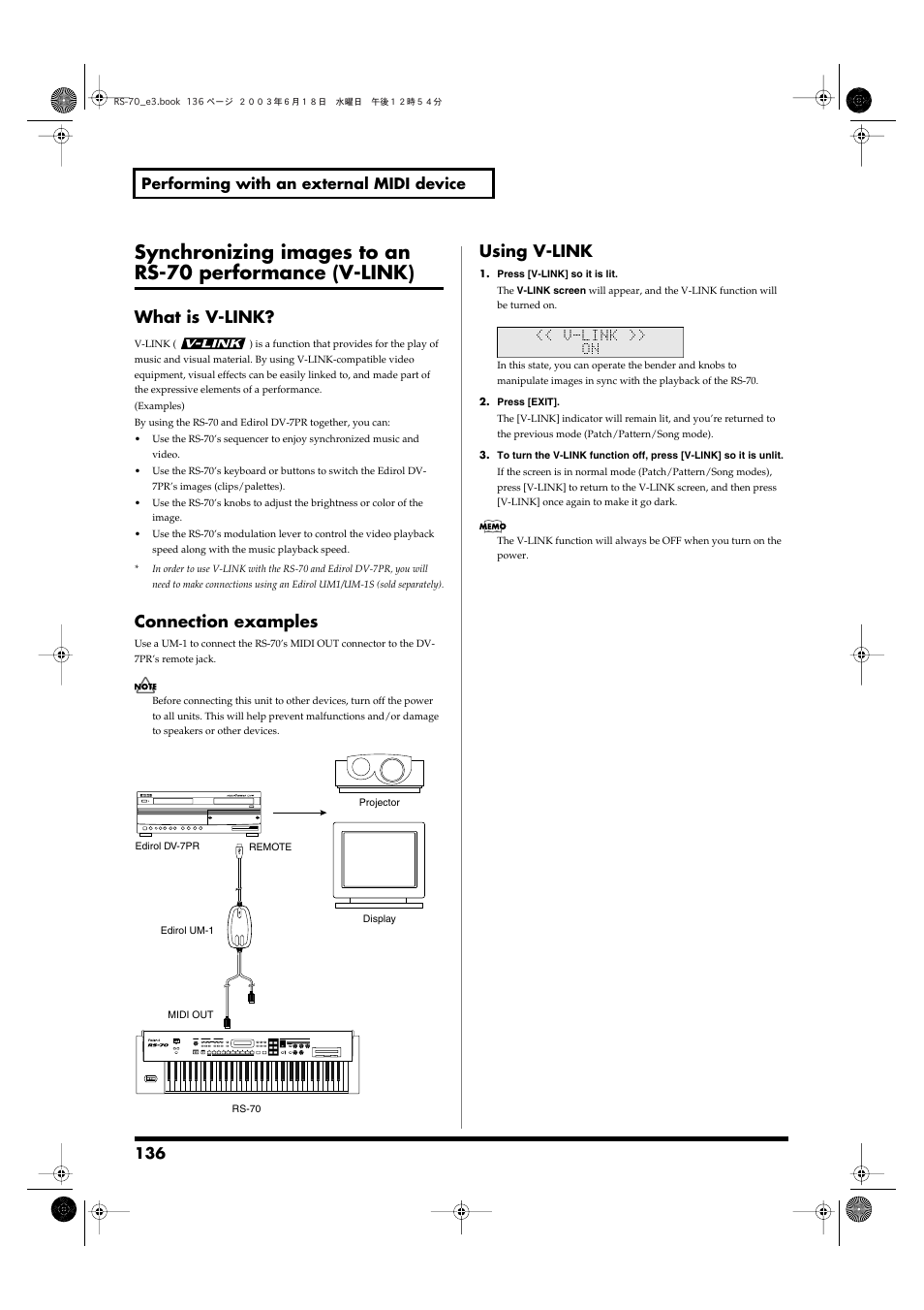 What is v-link, Connection examples, Using v-link | 136 performing with an external midi device | Roland RS-70 User Manual | Page 136 / 196