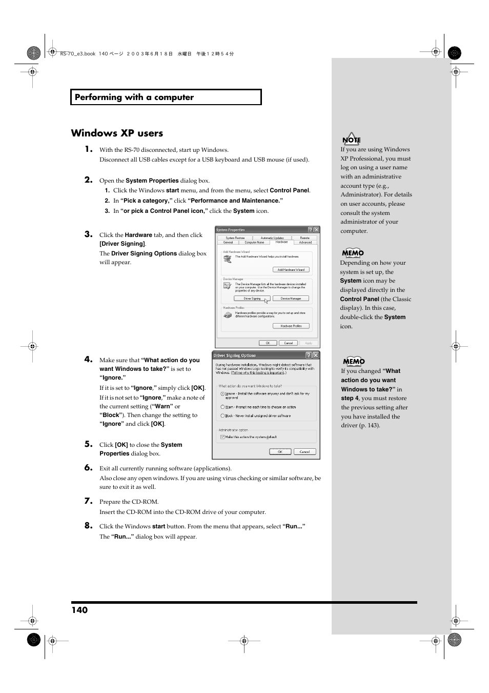 Windows xp users, 140 performing with a computer | Roland RS-70 User Manual | Page 140 / 196