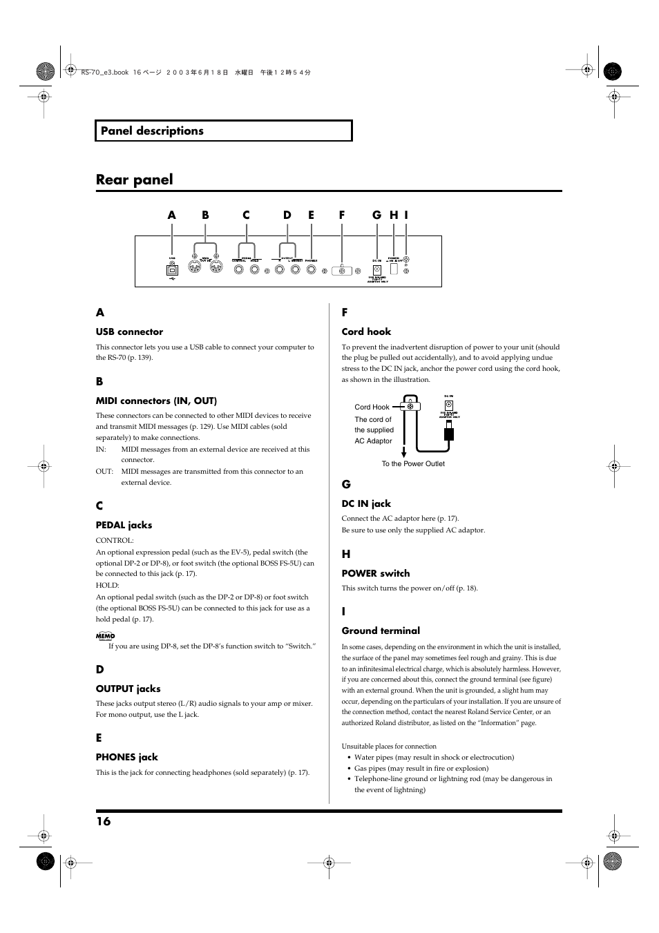 Rear panel | Roland RS-70 User Manual | Page 16 / 196