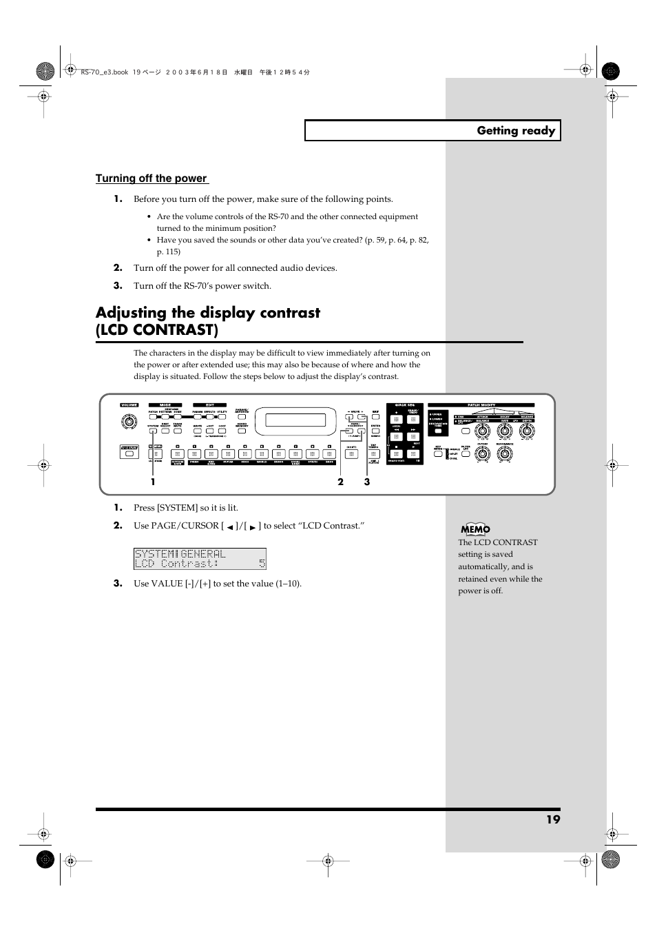 Adjusting the display contrast (lcd contrast) | Roland RS-70 User Manual | Page 19 / 196