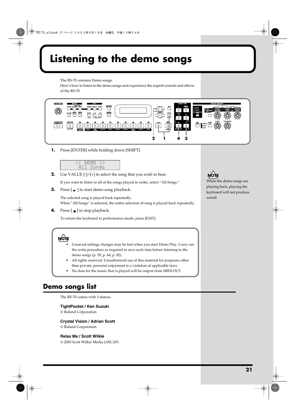 Listening to the demo songs, Demo songs list | Roland RS-70 User Manual | Page 21 / 196