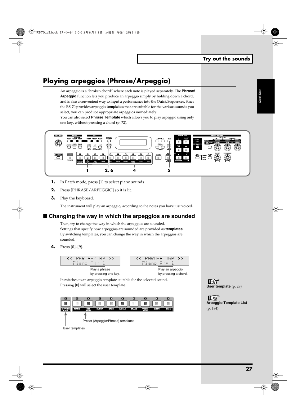 Playing arpeggios (phrase/arpeggio) | Roland RS-70 User Manual | Page 27 / 196