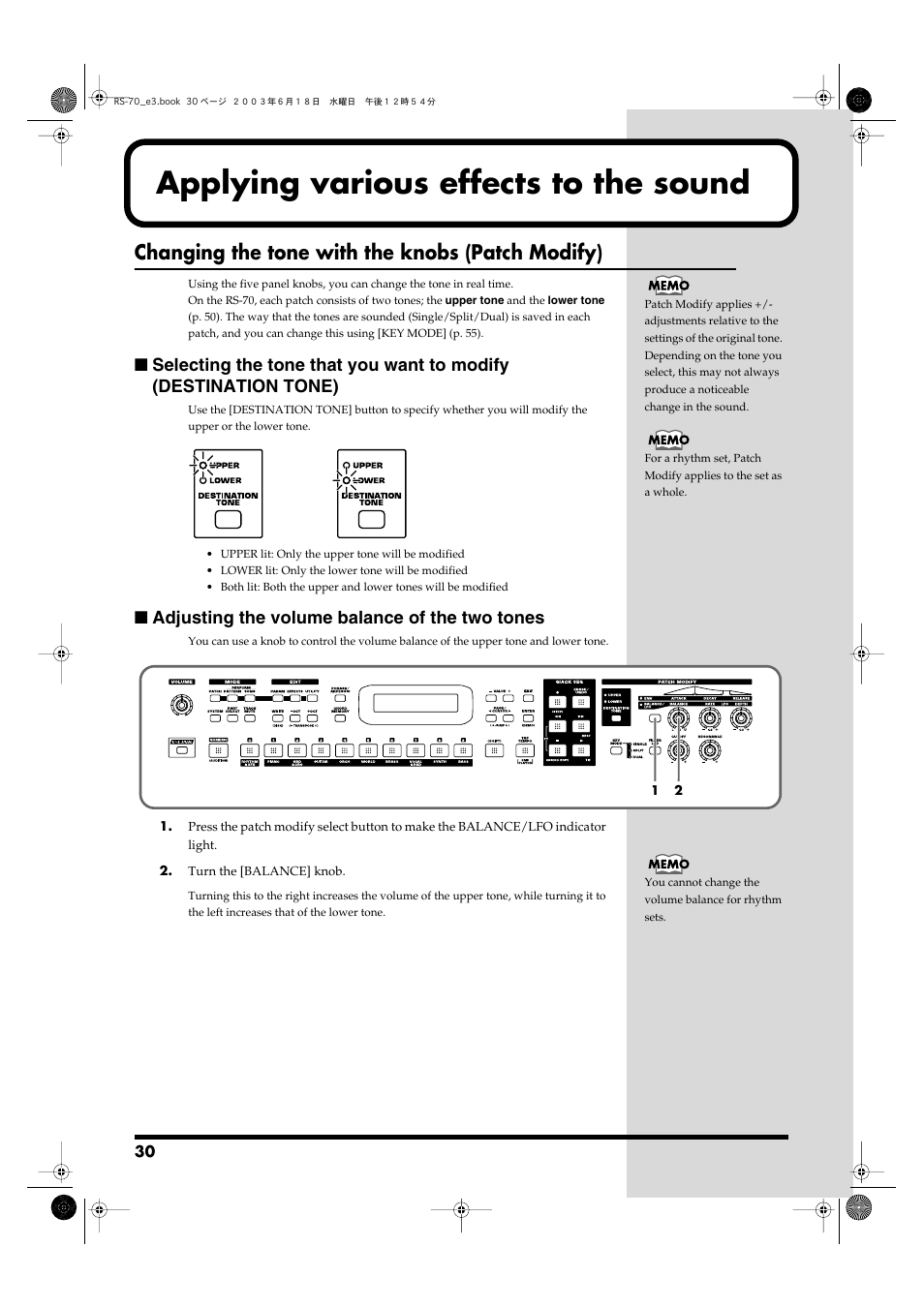Applying various effects to the sound, Changing the tone with the knobs (patch modify), Adjusting the volume balance of the two tones | Roland RS-70 User Manual | Page 30 / 196
