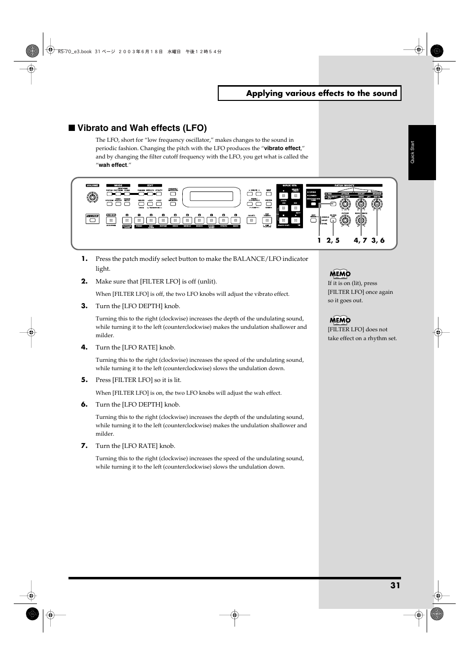 Vibrato and wah effects (lfo) | Roland RS-70 User Manual | Page 31 / 196