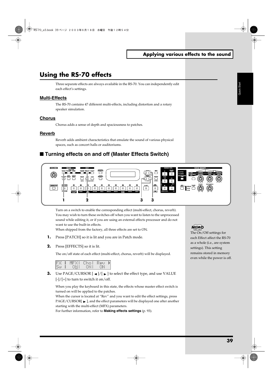 Using the rs-70 effects, Turning effects on and off (master effects switch) | Roland RS-70 User Manual | Page 39 / 196