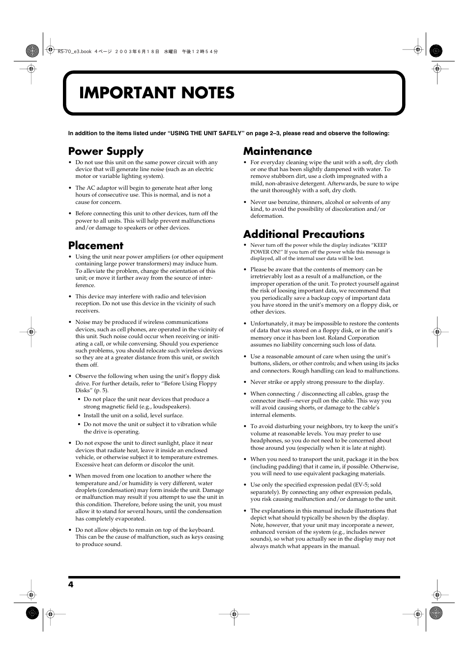 Power supply, Placement, Maintenance | Additional precautions | Roland RS-70 User Manual | Page 4 / 196