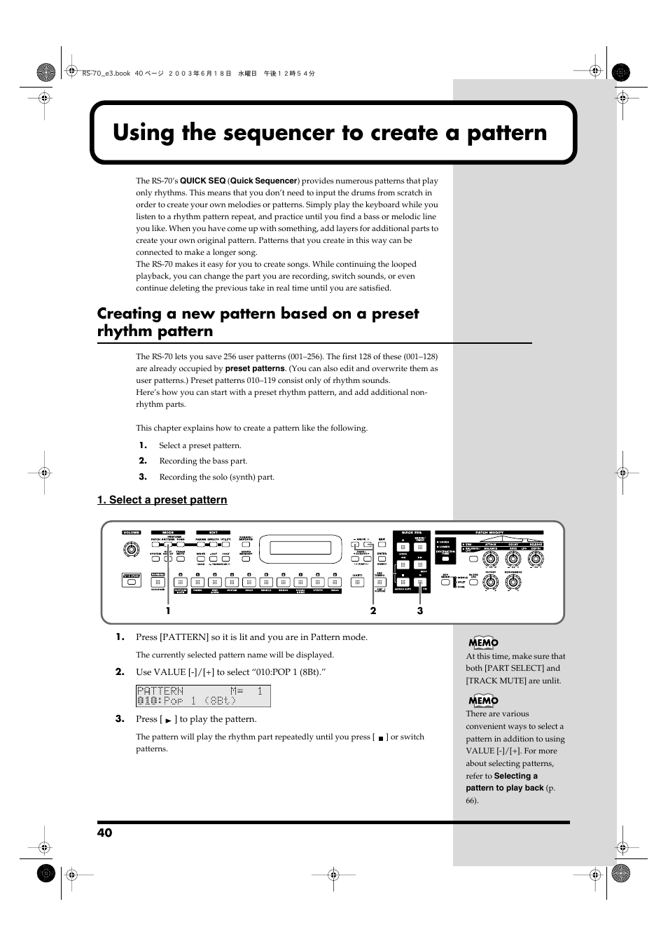 Using the sequencer to create a pattern | Roland RS-70 User Manual | Page 40 / 196