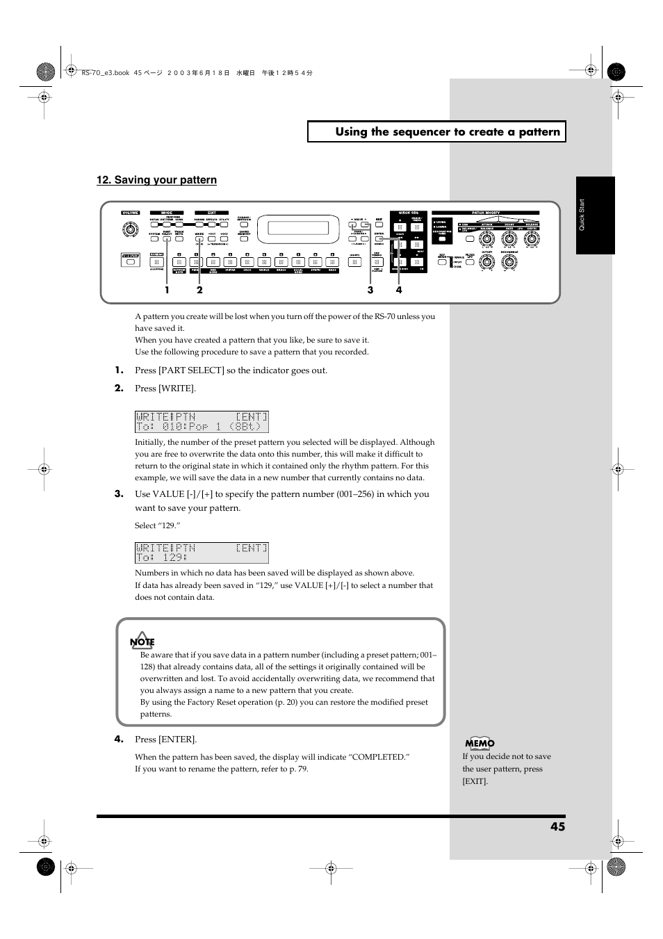 45 using the sequencer to create a pattern, Saving your pattern | Roland RS-70 User Manual | Page 45 / 196