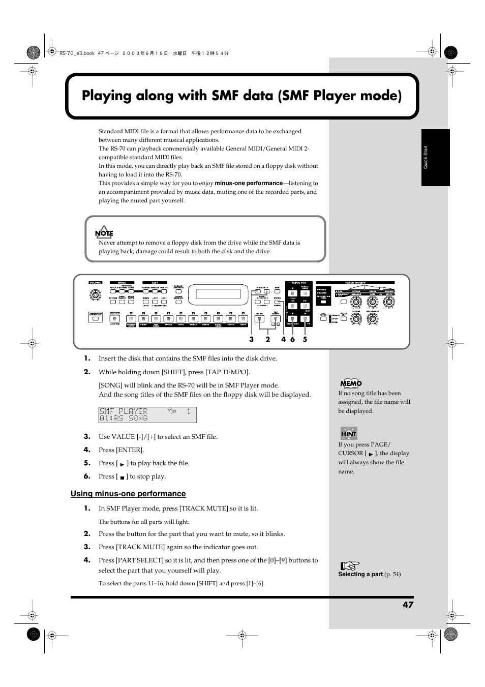 Playing along with smf data (smf player mode) | Roland RS-70 User Manual | Page 47 / 196