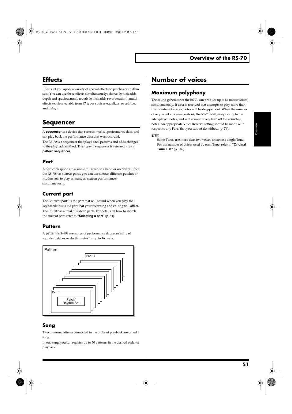 Effects, Sequencer, Number of voices | 51 overview of the rs-70, Part, Current part, Pattern, Song, Maximum polyphony | Roland RS-70 User Manual | Page 51 / 196