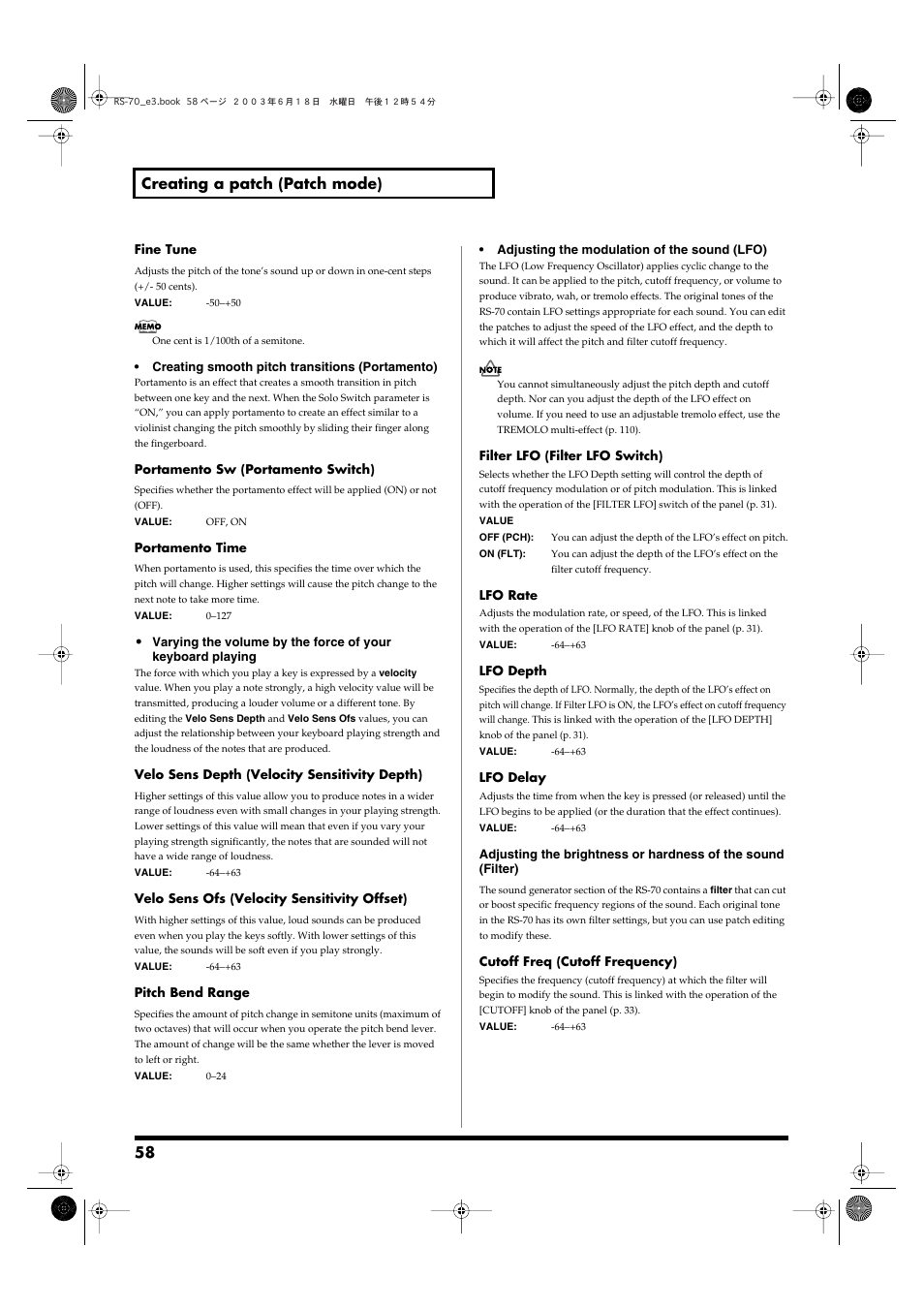 58 creating a patch (patch mode) | Roland RS-70 User Manual | Page 58 / 196