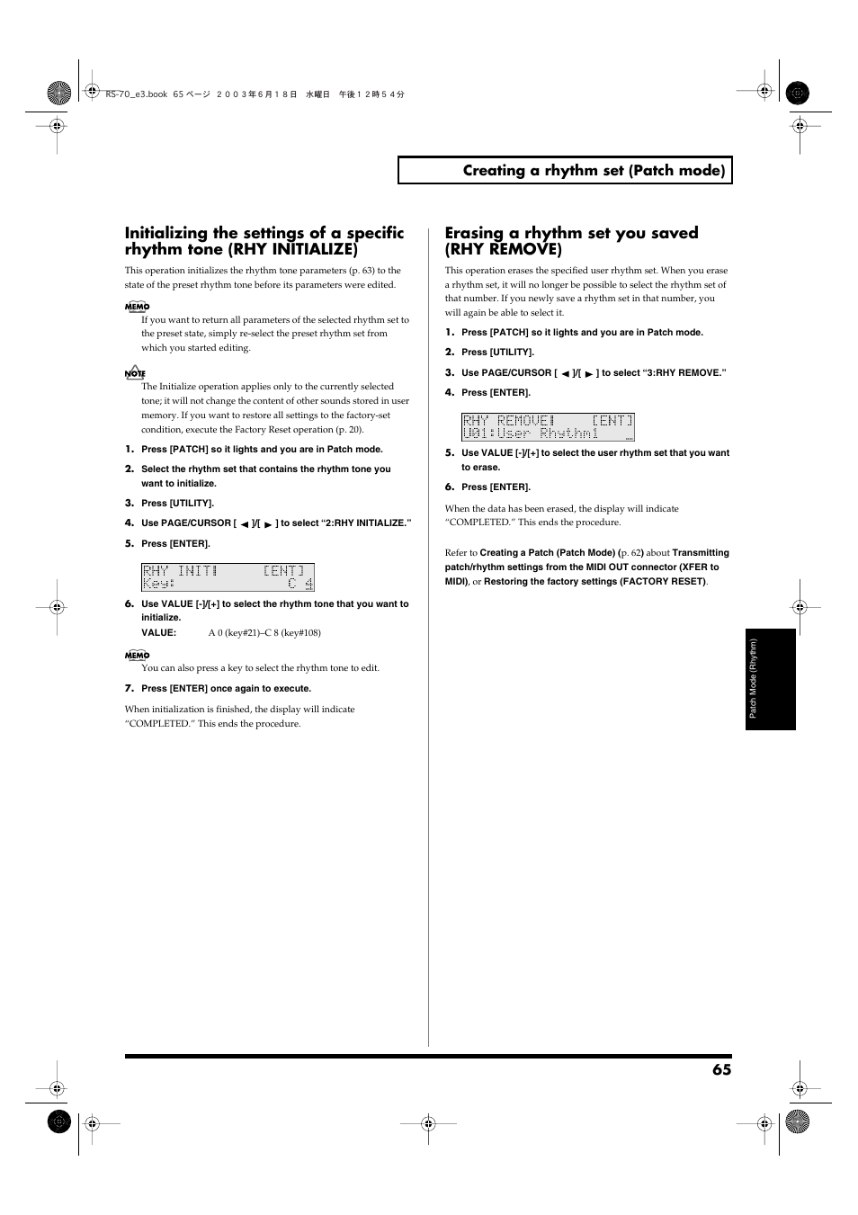 Erasing a rhythm set you saved (rhy remove), 65 creating a rhythm set (patch mode) | Roland RS-70 User Manual | Page 65 / 196