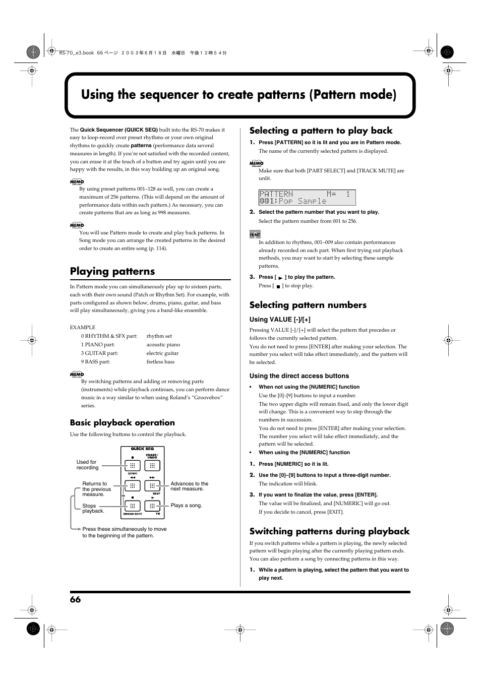 Playing patterns, Selecting a pattern to play back, Selecting pattern numbers | Switching patterns during playback, Basic playback operation | Roland RS-70 User Manual | Page 66 / 196