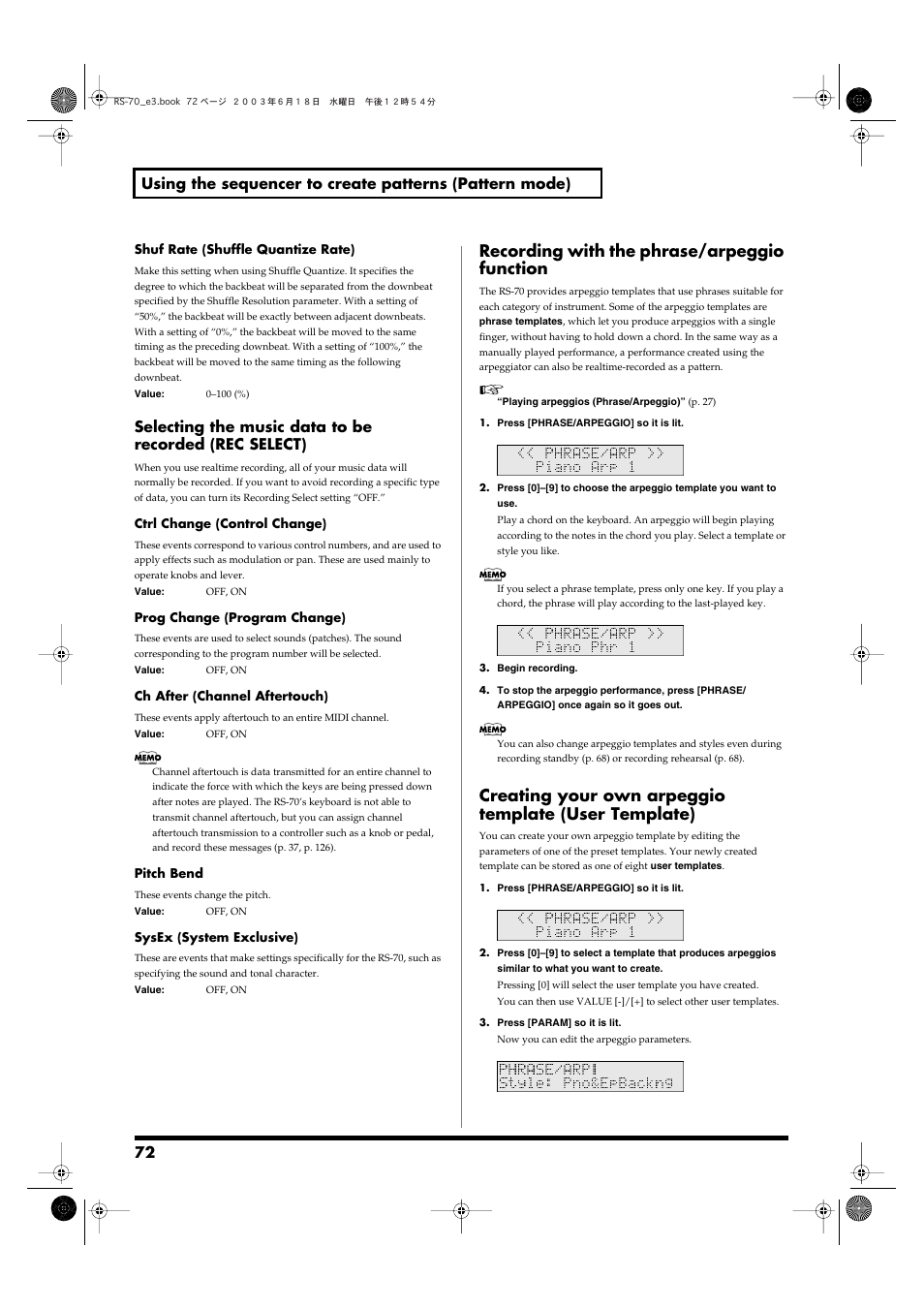 Recording with the phrase/arpeggio function | Roland RS-70 User Manual | Page 72 / 196