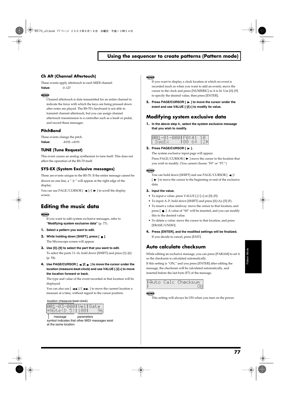 Editing the music data, Modifying system exclusive data, Auto calculate checksum | Roland RS-70 User Manual | Page 77 / 196