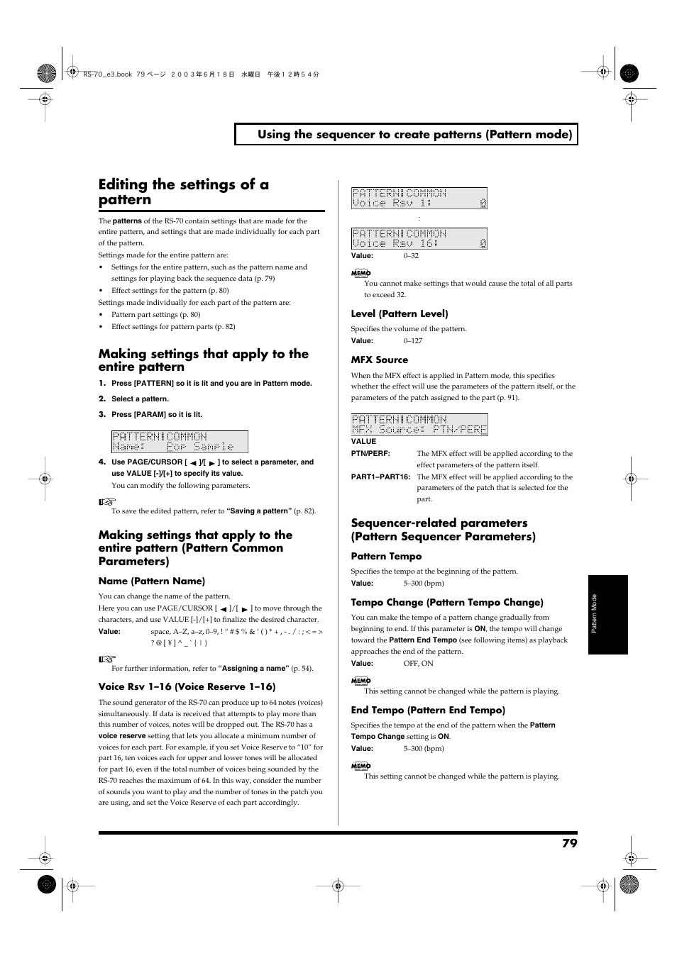 Editing the settings of a pattern, Making settings that apply to the entire pattern | Roland RS-70 User Manual | Page 79 / 196
