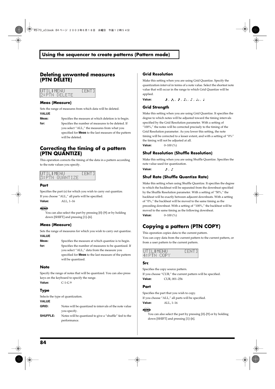 Deleting unwanted measures (ptn delete), Correcting the timing of a pattern (ptn quantize), Copying a pattern (ptn copy) | Roland RS-70 User Manual | Page 84 / 196