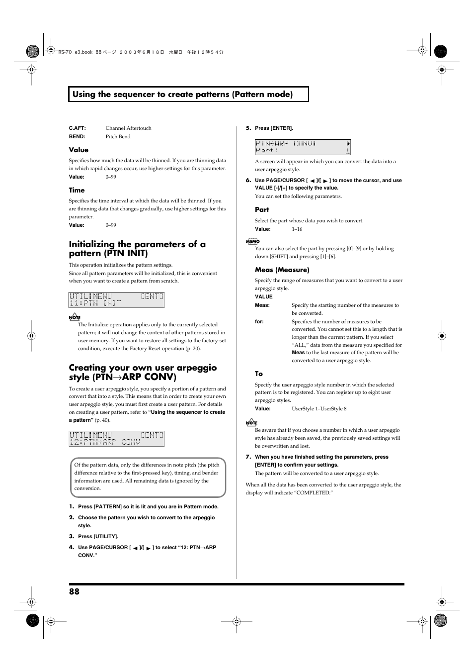 Arp conv, Creating your own user arpeggio style (ptn | Roland RS-70 User Manual | Page 88 / 196