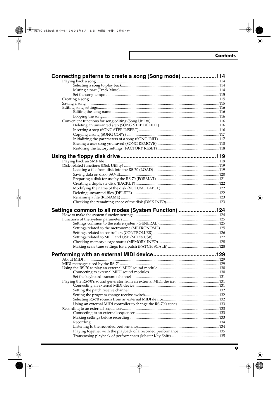 Connecting patterns to create a song (song mode), Using the floppy disk drive, Settings common to all modes (system function) | Performing with an external midi device | Roland RS-70 User Manual | Page 9 / 196