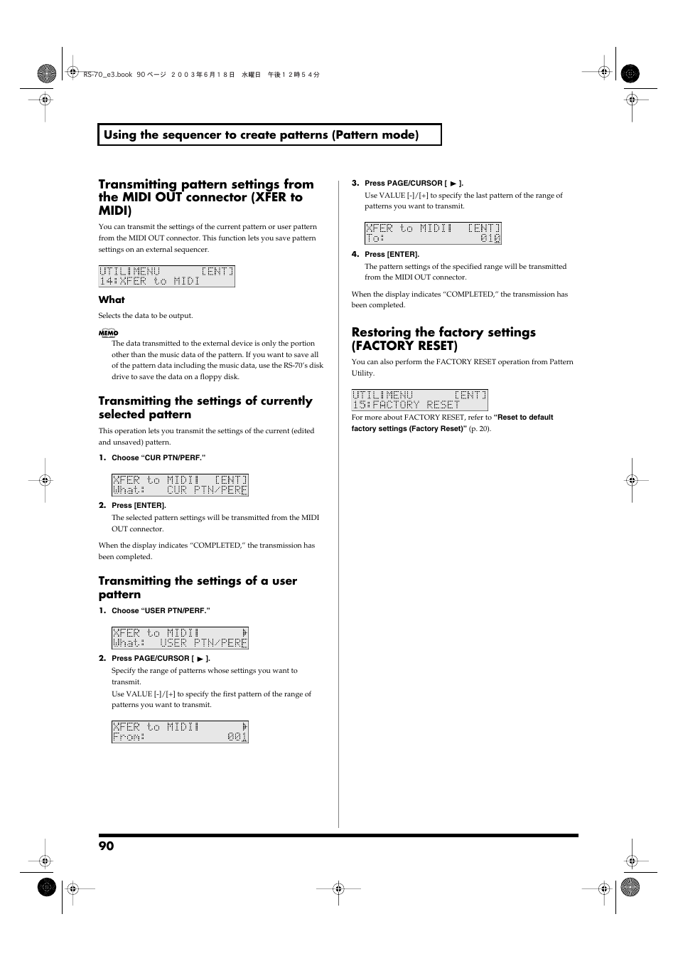 Restoring the factory settings (factory reset), Transmitting the settings of a user pattern | Roland RS-70 User Manual | Page 90 / 196