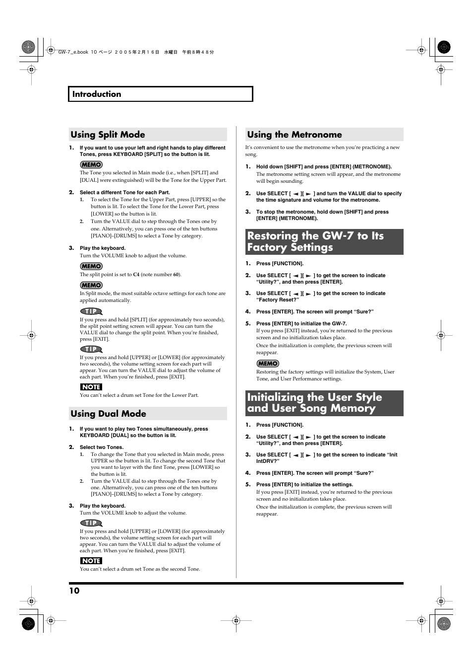 Using split mode, Using dual mode, Using the metronome | Restoring the gw-7 to its factory settings, Initializing the user style and user song memory, P. 10), 10 introduction | Roland GW-7 User Manual | Page 10 / 48