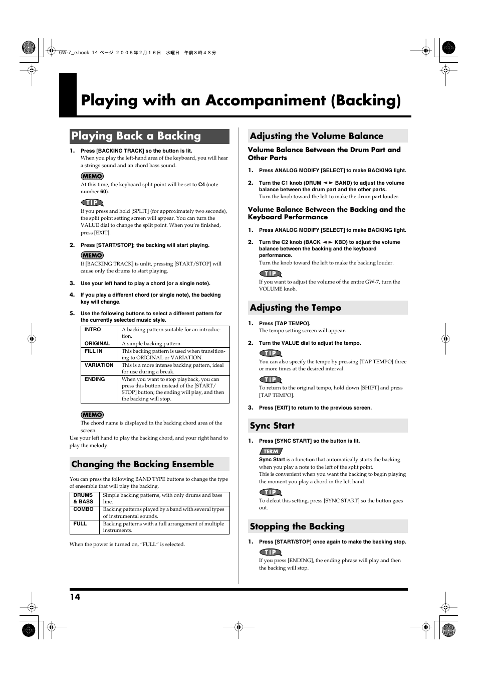 Playing with an accompaniment (backing), Playing back a backing, Changing the backing ensemble | Adjusting the volume balance, Adjusting the tempo, Sync start, Stopping the backing, You can use this button to set the tempo. (p. 14), Minus-one function. (p. 14, p. 23), P. 14) | Roland GW-7 User Manual | Page 14 / 48