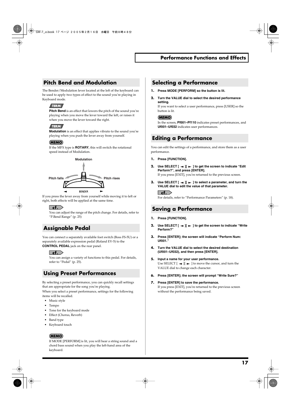 Pitch bend and modulation, Assignable pedal, Using preset performances | Selecting a performance, Editing a performance, Saving a performance, Normally vibrato) to the sound. (p. 17), 17 performance functions and effects | Roland GW-7 User Manual | Page 17 / 48