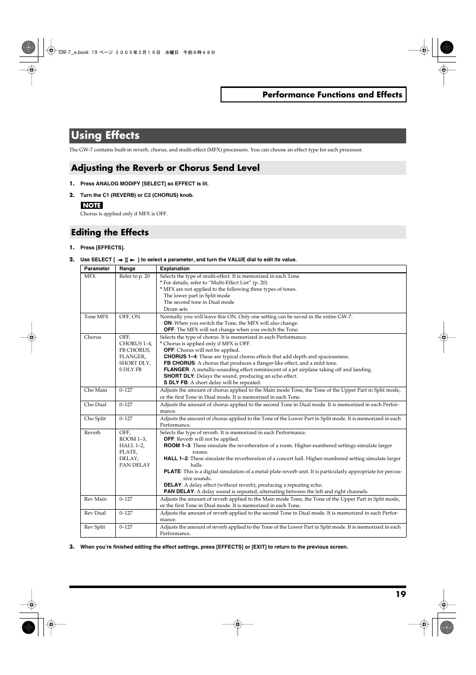 Using effects, Adjusting the reverb or chorus send level, Editing the effects | This button lets you make effect settings. (p. 19), 19 performance functions and effects | Roland GW-7 User Manual | Page 19 / 48