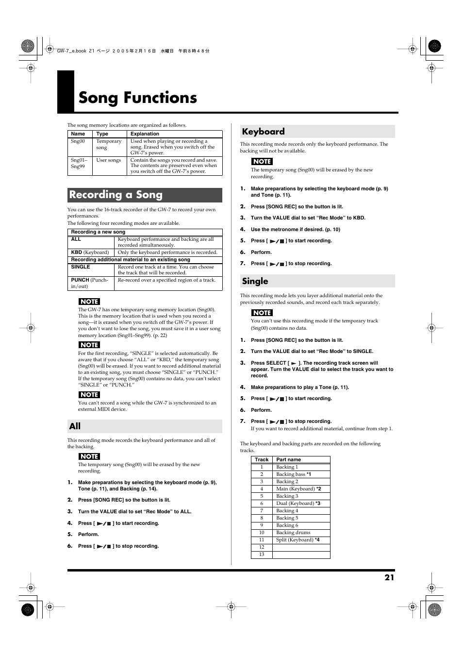 Song functions, Recording a song, Keyboard | Single, All keyboard single, Press this button to record a song. (p. 21), P. 21) | Roland GW-7 User Manual | Page 21 / 48