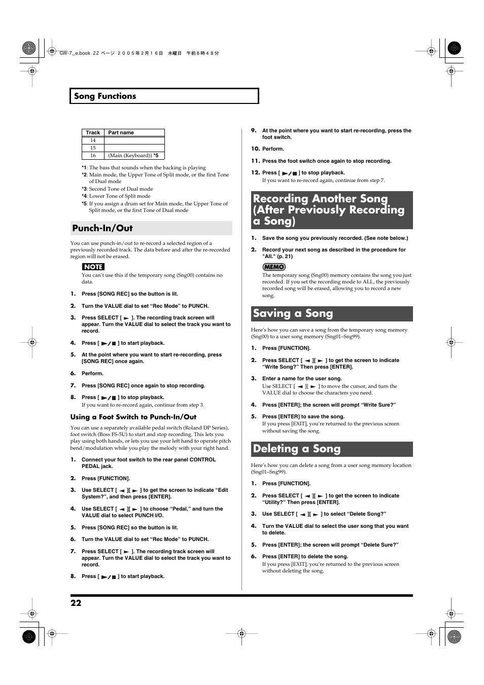 Punch-in/out, Saving a song, Deleting a song | Memory location (sng01–sng99). (p. 22), 22 song functions | Roland GW-7 User Manual | Page 22 / 48