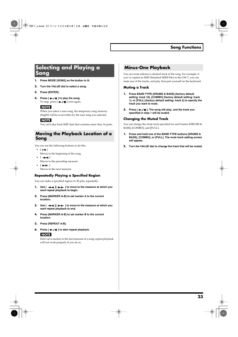 Selecting and playing a song, Moving the playback location of a song, Minus-one playback | 23 song functions | Roland GW-7 User Manual | Page 23 / 48